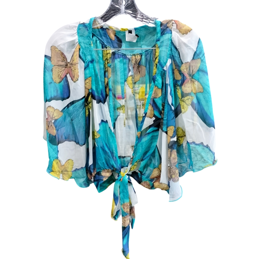 De Colores Butterfly Print Sheer Tie-Front Top